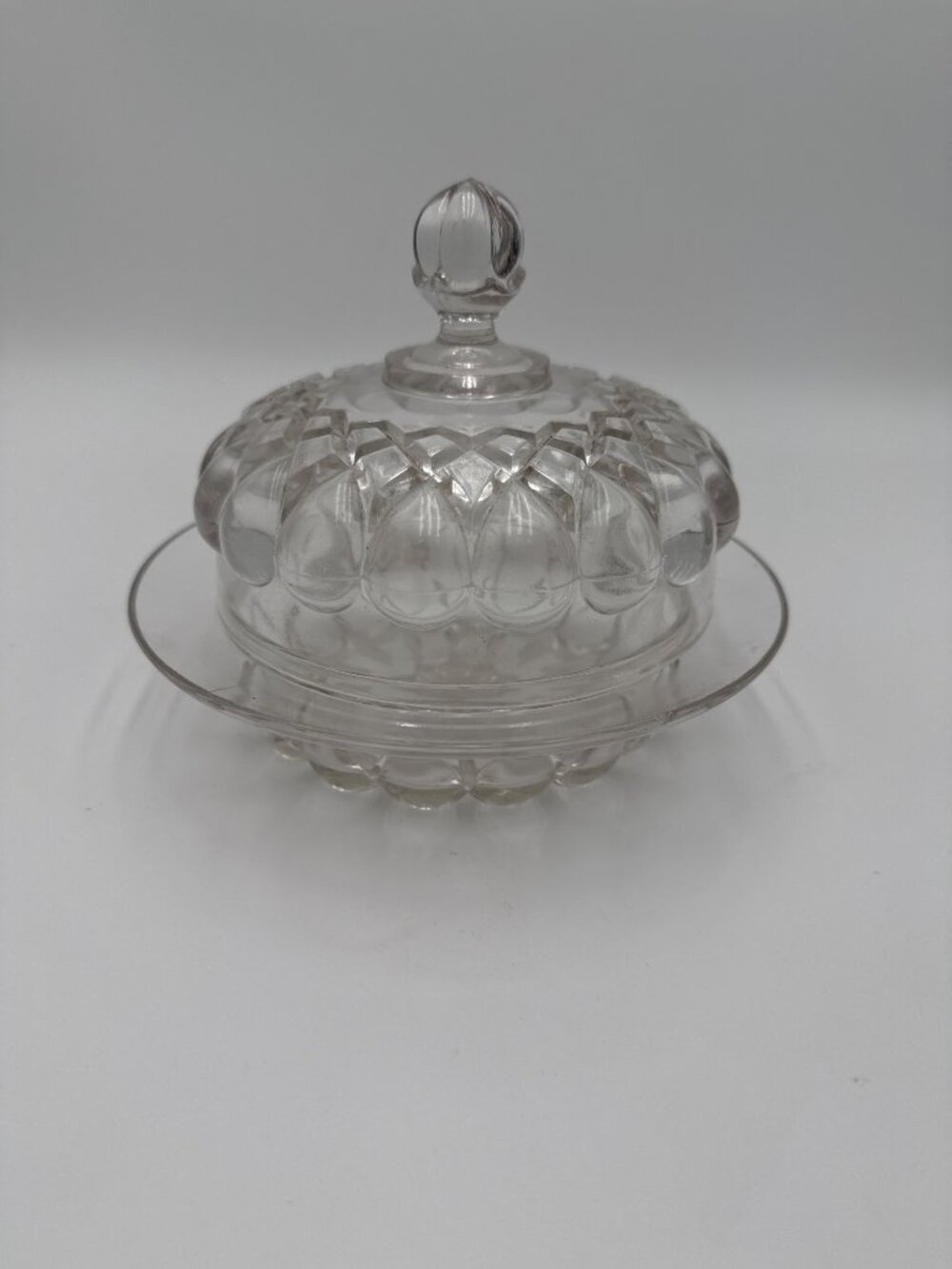 Vintage American Billiant Clear Glass Butter Dish Lid Diamond Pattern Round